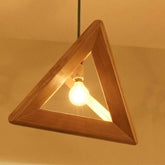 Triangular wooden pendant light with a glowing bulb on a beige background